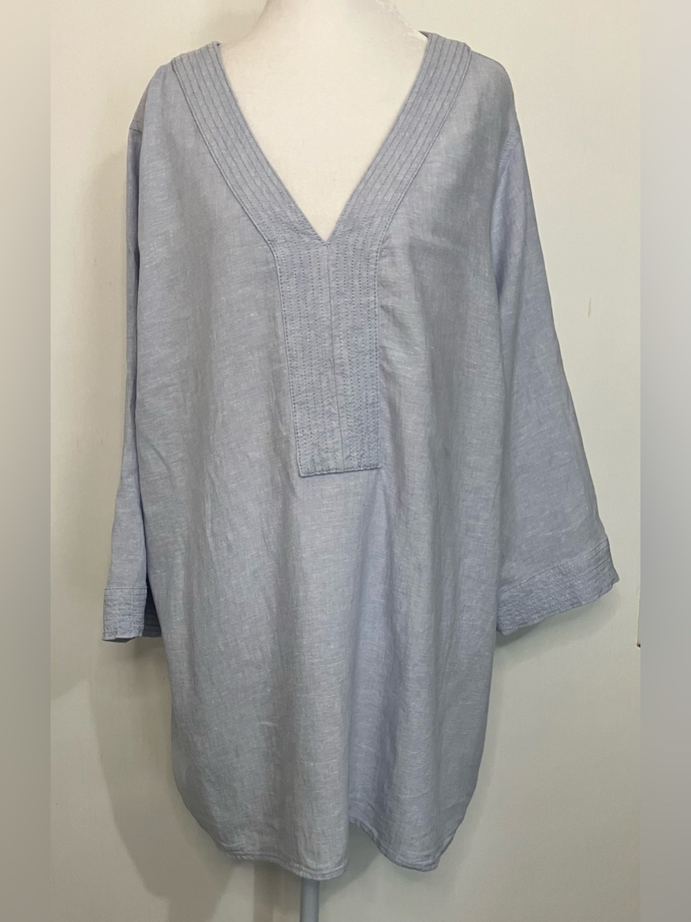 Sigrid Olsen Linen Tunic Top Women’s 1X Blue V-Neck Button Details Breathable
